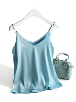 2026 Spaghetti Strap Top Women Halter V Neck Basic White Cami Sleeveless Satin Silk Tank Tops Women'S Summer Camisole