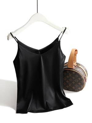 2026 Spaghetti Strap Top Women Halter V Neck Basic White Cami Sleeveless Satin Silk Tank Tops Women'S Summer Camisole