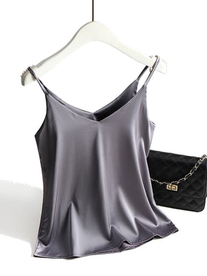 2026 Spaghetti Strap Top Women Halter V Neck Basic White Cami Sleeveless Satin Silk Tank Tops Women'S Summer Camisole