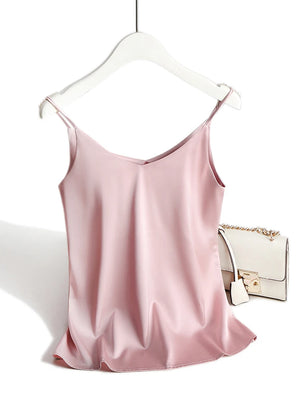 2026 Spaghetti Strap Top Women Halter V Neck Basic White Cami Sleeveless Satin Silk Tank Tops Women'S Summer Camisole