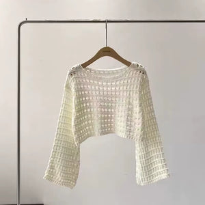 Long Sleeve Crochet Knit Top Summer Beach Bikini Cover up Crop Pullover Wool Knitwear Blouse Women Vacation Boho Outfit