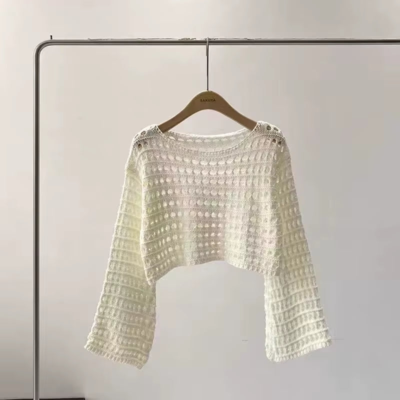 Long Sleeve Crochet Knit Top Summer Beach Bikini Cover up Crop Pullover Wool Knitwear Blouse Women Vacation Boho Outfit