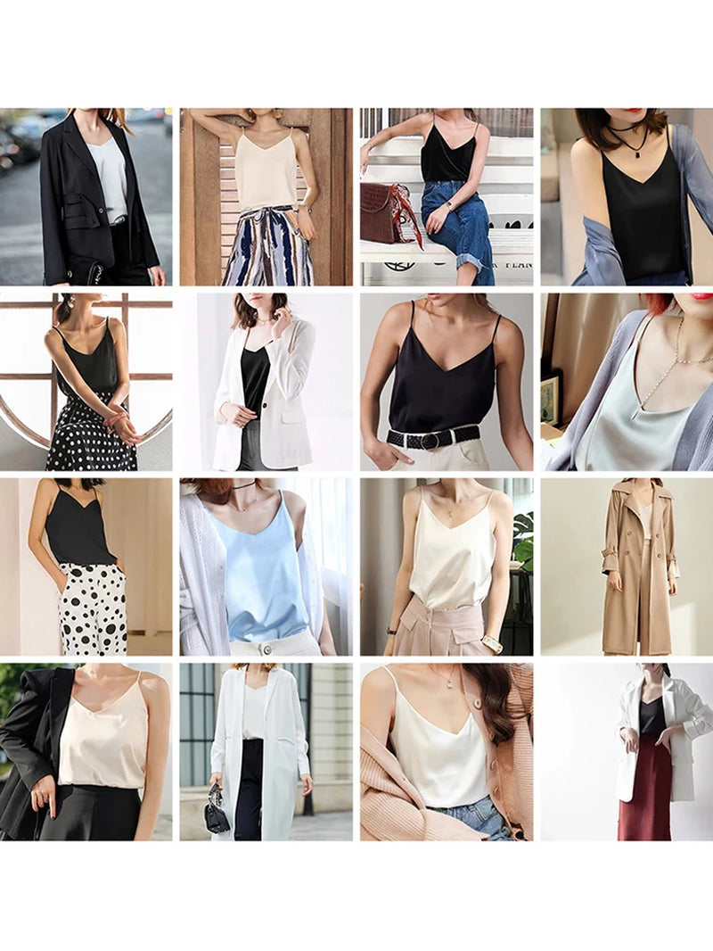 2026 Spaghetti Strap Top Women Halter V Neck Basic White Cami Sleeveless Satin Silk Tank Tops Women'S Summer Camisole
