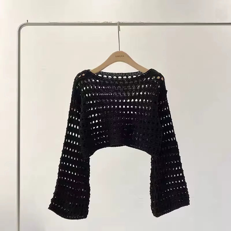 Long Sleeve Crochet Knit Top Summer Beach Bikini Cover up Crop Pullover Wool Knitwear Blouse Women Vacation Boho Outfit
