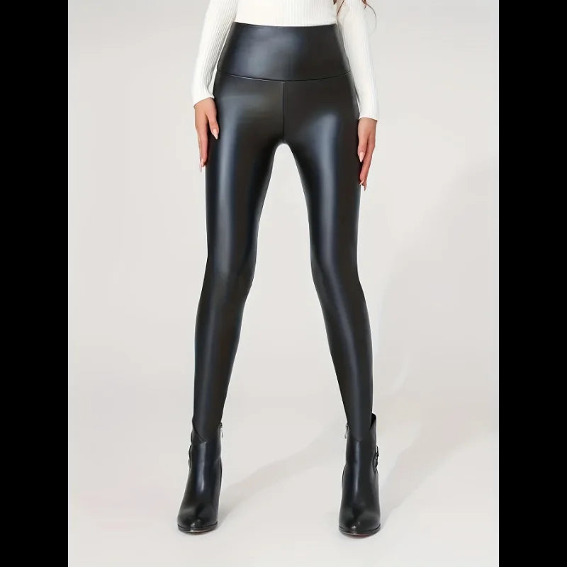 High-Waist Faux Leather Pants Yoga Casual Trousers High Elasticity Four-Season Wearable Long Pants Base Layer Pants