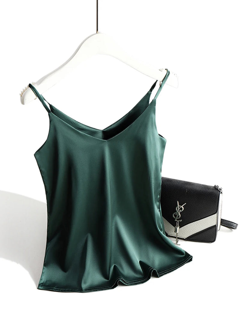 2026 Spaghetti Strap Top Women Halter V Neck Basic White Cami Sleeveless Satin Silk Tank Tops Women'S Summer Camisole