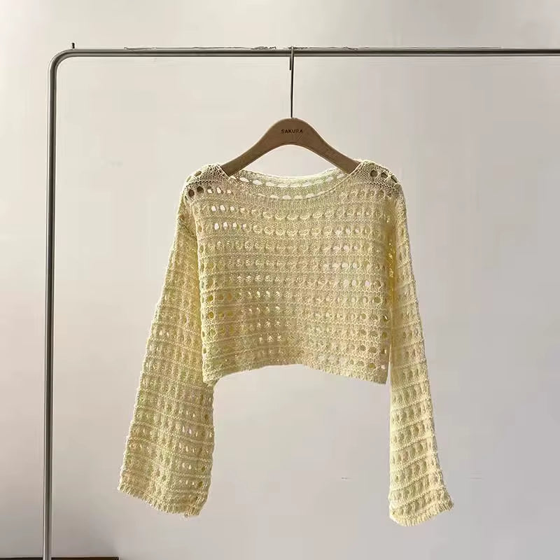 Long Sleeve Crochet Knit Top Summer Beach Bikini Cover up Crop Pullover Wool Knitwear Blouse Women Vacation Boho Outfit