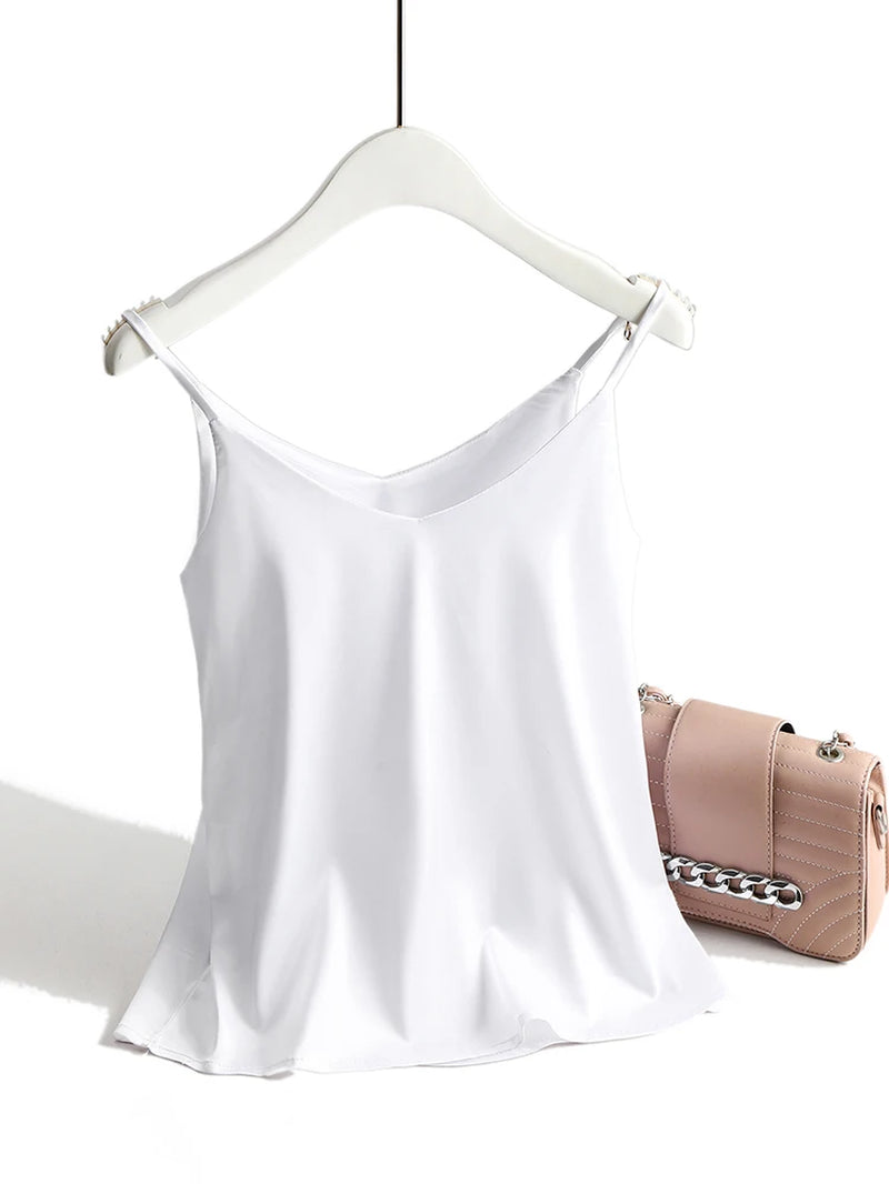 2026 Spaghetti Strap Top Women Halter V Neck Basic White Cami Sleeveless Satin Silk Tank Tops Women'S Summer Camisole