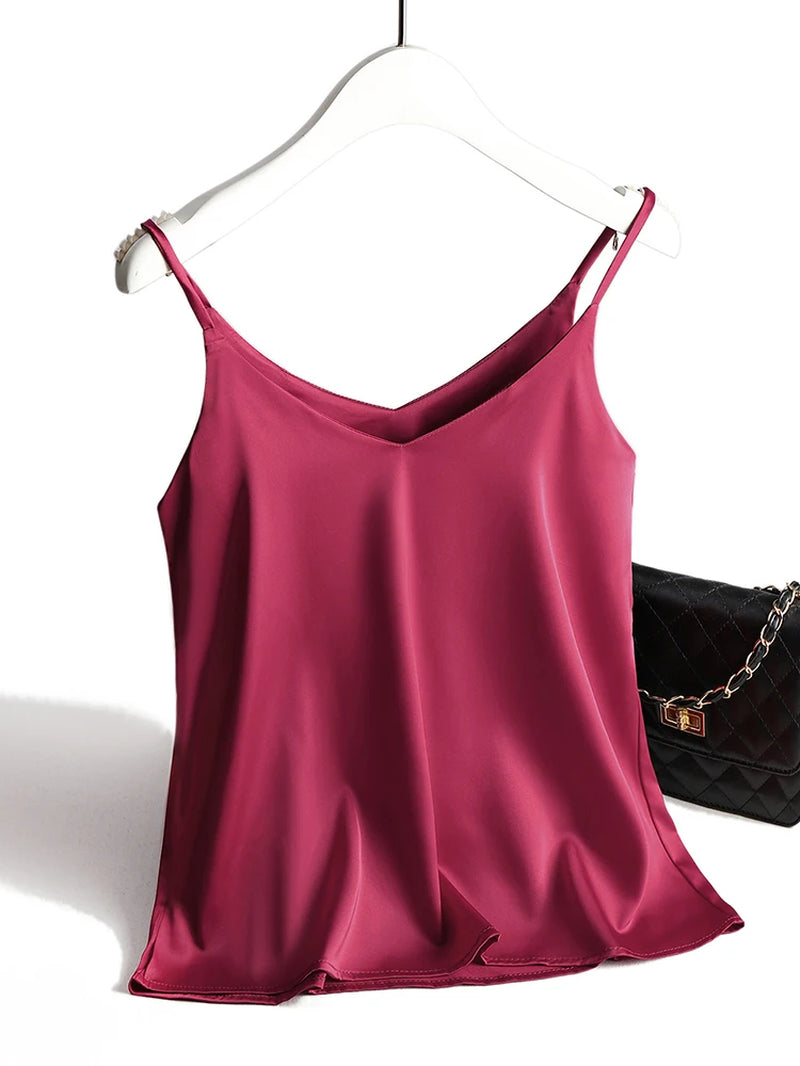2026 Spaghetti Strap Top Women Halter V Neck Basic White Cami Sleeveless Satin Silk Tank Tops Women'S Summer Camisole