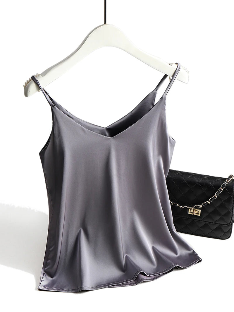 2026 Spaghetti Strap Top Women Halter V Neck Basic White Cami Sleeveless Satin Silk Tank Tops Women'S Summer Camisole