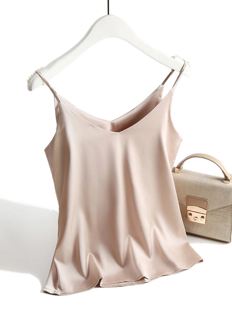 2026 Spaghetti Strap Top Women Halter V Neck Basic White Cami Sleeveless Satin Silk Tank Tops Women'S Summer Camisole