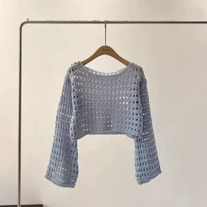 Long Sleeve Crochet Knit Top Summer Beach Bikini Cover up Crop Pullover Wool Knitwear Blouse Women Vacation Boho Outfit