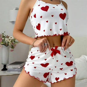 5 Size Choose S M L XL 2XL Women'S Pajamas Set Straps Sleepwear Vest + Shorts Red Heart Print Nightwear Sexy Lingerie