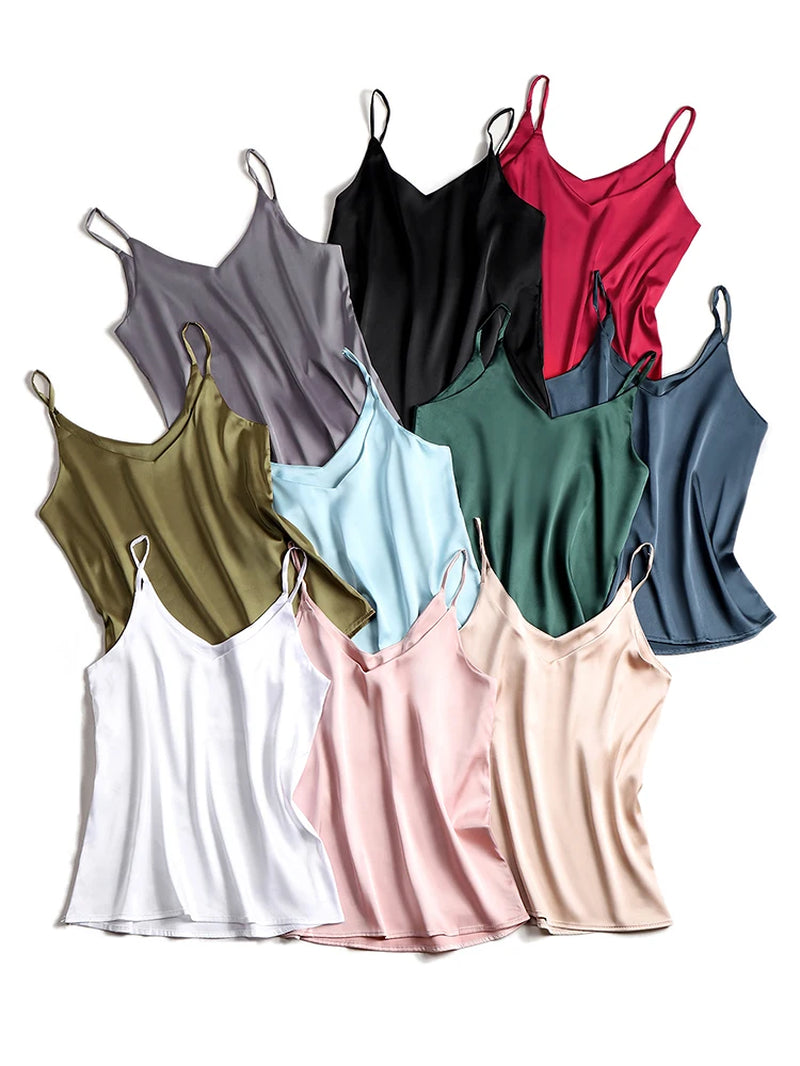 2026 Spaghetti Strap Top Women Halter V Neck Basic White Cami Sleeveless Satin Silk Tank Tops Women'S Summer Camisole