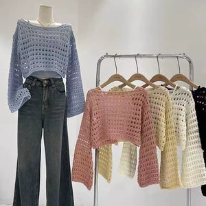 Long Sleeve Crochet Knit Top Summer Beach Bikini Cover up Crop Pullover Wool Knitwear Blouse Women Vacation Boho Outfit