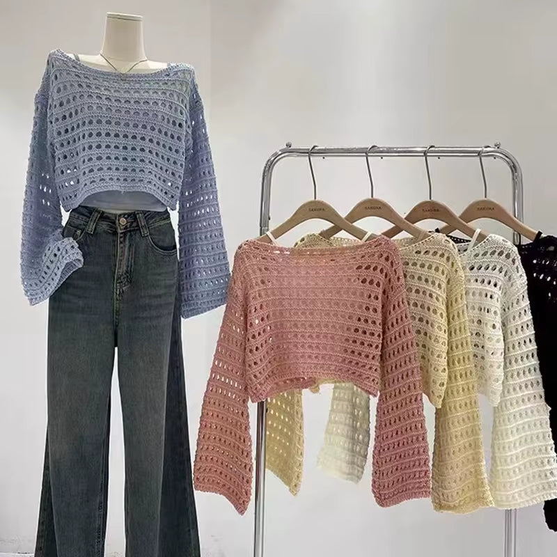 Long Sleeve Crochet Knit Top Summer Beach Bikini Cover up Crop Pullover Wool Knitwear Blouse Women Vacation Boho Outfit
